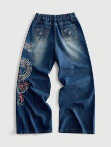 ROMWE MEN Street Life 青少年男孩口袋鈕扣花卉龍刺繡圖案休閒百搭日常出遊牛仔長褲 - 藍色 - 查看 2
