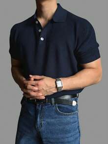 DAZY Top de punto de unicolor con cuello polo azul marino para hombres de verano - Azul Marino - Ver 7