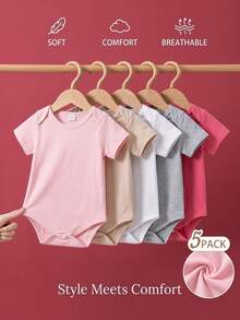 SHEIN Bộ 5 món áo liền quần cổ tròn màu trơn mềm mại và thoải mái cho bé gái, kiểu dáng thời trang thường ngày, dễ mặc vào/cởi ra, phù hợp cho mùa xuân/hè. - Nhiều màu - Xem 5