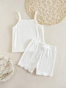 Set Pakaian Dalam 3 Potong untuk Anak Perempuan Musim Semi/Panas, Atasan Tank Top dan Celana Pendek, Bordir Pita, Aneka Warna, - Putih - View 2