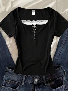 Tween Girls T-Shirts Burgundy Short Sleeve T-Shirt, Y2K Retro Casual Girl Home Lace Trim Tween Girls Fitted Navy Blue Polyester Short Sleeve Tee With Keyhole Neck And Ruched Bust For Everyday Style - Black - View 2