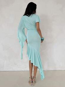 Aloruh Women's Sexy Romantic Elegant Draped Ruffle Trim Asymmetric Hem Bodycon Dress Party Mint Green Summer - Blue - View 3