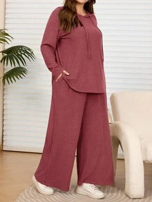 EMERY ROSE 大尺碼女款休閒深灰色連帽衛衣與長褲2件套，附口袋，秋冬款 - 玫瑰紅 - 查看 5