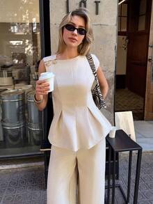 Siren Gaze Luxury-Inspired Sleeveless Linen Two-Piece Set: Cream-Colored Off-Shoulder Top With Decorative Buttons + Loose Wide-Leg Pants. Breathable Summer Set - Apricot - View 4