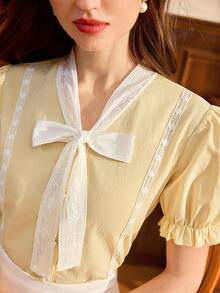 Vintamour Vintage Romantic Elegant Women Shirt Lace Floral Embroidery Color Block Bow Tie Button Puff Sleeve Casual Office Picnic Holiday Blouse For Summer - Pale Yellow - View 4