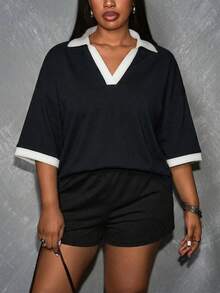 Slaydiva 2pcs Casual Black & White Contrast Plus Size Women's Set, Suitable For Summer Music Festival - Multicolor - View 4