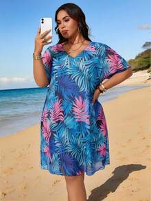 Swim Lushoire Plus Size Women's Random Print Short Sleeve Pullover Loose Long Beach Cover-Up - Multicolor - View 4