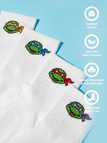 TEENAGE MUTANT NINJA TURTLES | SHEIN 4雙兒童棉質軟透吸濕管襪，忍者龜卡通圖案，加強腳趾與腳跟，耐穿，男女通用，適合四季，適用於學校與戶外活動 - 白色 - 查看 2