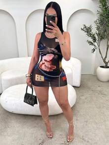 BamGleam Đầm mini ôm sát không tay gợi cảm dành cho nữ, thiết kế cổ điển, chất liệu vải xuyên thấu in họa tiết quyến rũ, phù hợp cho trang phục mùa hè của nữ, đầm hè nữ, đầm gợi cảm nữ, đầm dự tiệc gợi cảm. - màu đen - Xem 3