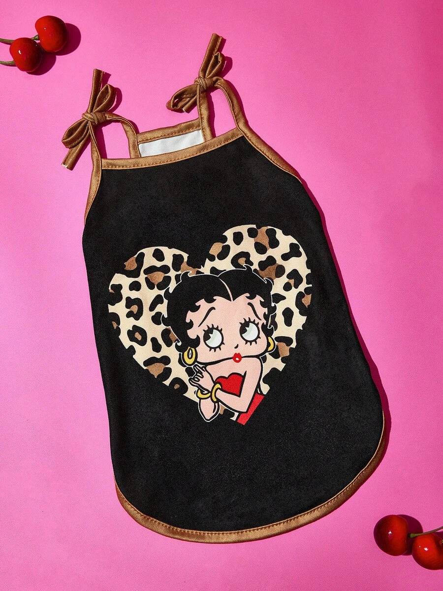 Betty Boop x SHEIN 1件卡通圖案印花寵物吊帶背心洋裝,貓咪狗咪衣服,尺寸XXS-XXXXL,特小號、特大號,俏皮性感豹紋愛心款 - 黑色 - 查看 1