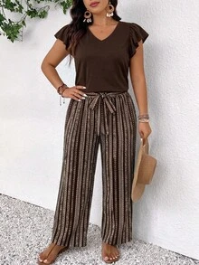 SHEIN Frenchy Plus Size Vacation Casual Solid Color Top And Striped Long Pants 2pcs Set - Brown - View 5