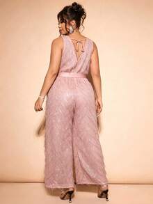 Cravure Damen Große Größen Neuer eleganter Party-Jumpsuit mit Fransen, V-Ausschnitt, Schleife, Rückenausschnitt, Frühling/Sommer - Pink - Übersicht 2