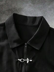 GENTILAND 男士夏季休闲金属扣短袖衬衫 - 黑色 - 查看 6