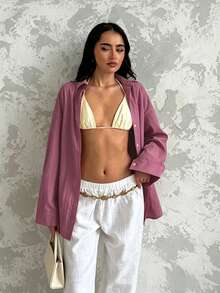 Glamine 女士纯色休闲单排扣宽松长袖衬衫 - 中紫紅色 - 查看 4