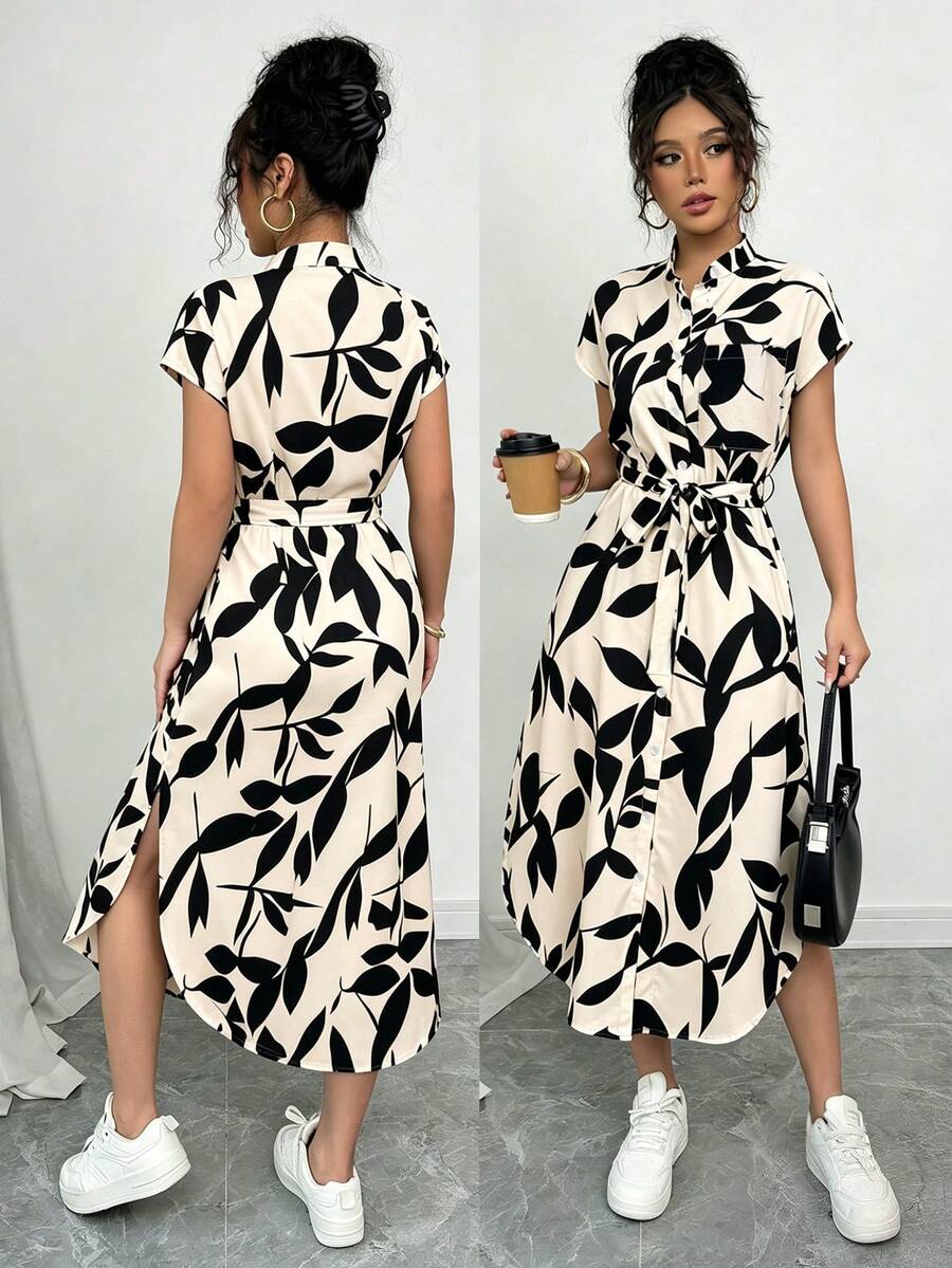 SHEIN Raffinéa 女款休閒度假旅行豹紋前扣鈕扣襯衫腰帶蝴蝶結口袋側開衩 2025 夏季新款短袖長洋裝 - 黑與白 - 查看 1