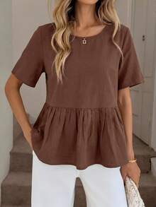 Easowa 100 Cotton Round Neck Ruched Ruffle Hem Short Sleeve Blouse, Casual Commute Brunch Resort Style For Women, Summer Top Coffee Brown - Brown - View 3