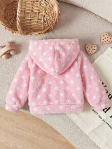 SHEIN Baby Girl Cute Solid Color Polka Dot Strawberry Pattern Hooded Thick Jacket For Fall/Winter - Pink - View 4