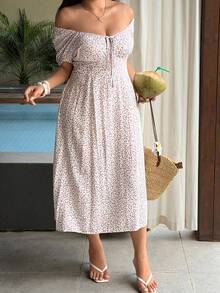 Sunnyshic Plus Size Diamond Square Neck Pattern Print A-Line Short Sleeve Dress - Multicolor - View 7