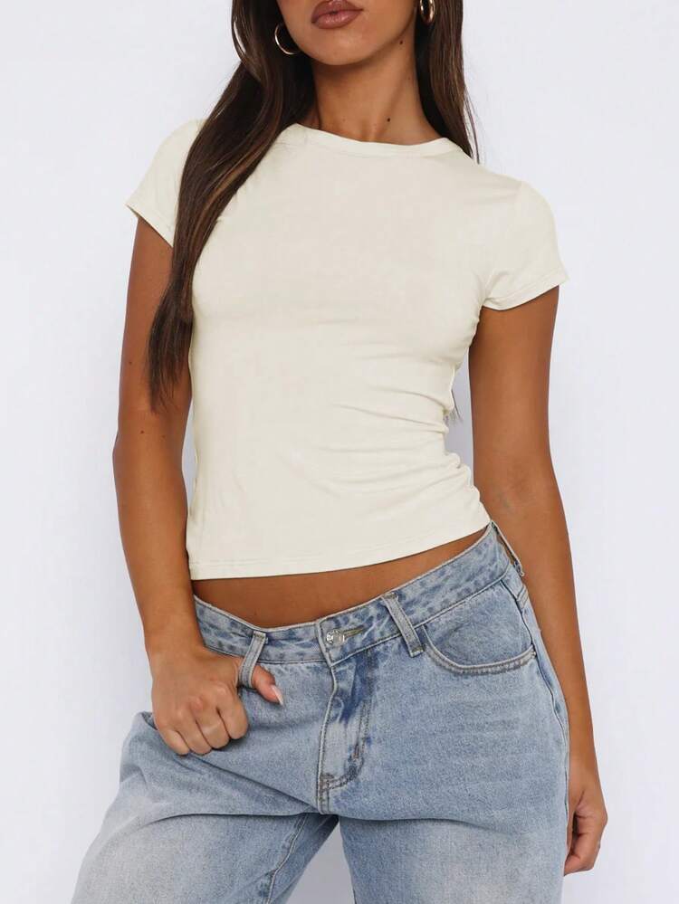 Sundraya Women's Summer Solid Color Round Neck Short Sleeve Slim Fit T-Shirt - Beige - View 3