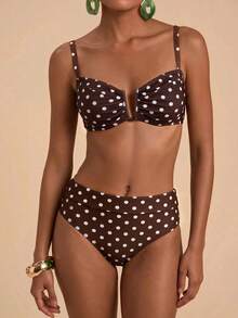 Travachic Conjunto de Maiô com Estampa de Poá para Mulheres, Adequado para Férias na Praia - Castanho - Visão 1