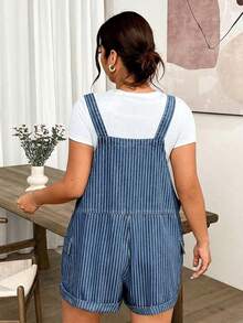 Lounesse Plus Size Women's Striped Casual Daily Denim Romper - Medium Wash - View 2