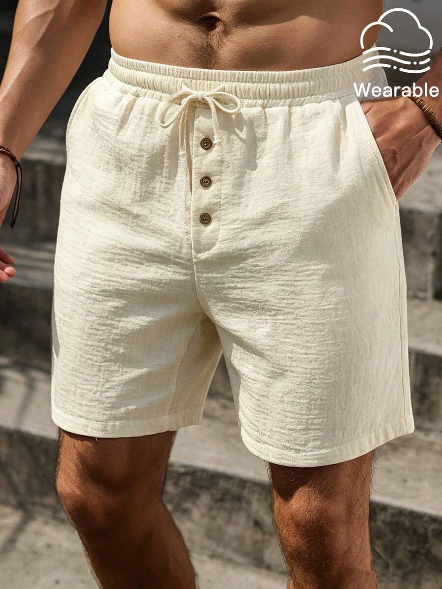 VENTUSAIL Men's Drawstring Textured Fabric Casual Shorts, Apricot Color, Versatile For Summer, Holiday - Apricot - View 1