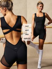 VARSIVA Women's Summer Mesh Patchwork Solid Color Elastic Jumpsuit, Summer Casual Elegant Jumpsuit, Suitable For Yoga, Gym, Casual, Vacation, Sports - Black - View 2