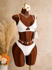 Swim Vcay Women's Teacher Summer Textured Solid Fabric Front Strap With Small Metal Buckle Swimsuit Set Beach White Sexy - Apricot - View 7
