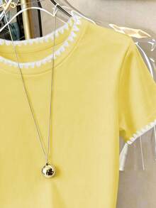 SHEIN Women's Fashion Versatile Shell Embroidery Contrast Color Round Neck Short Sleeve T-Shirt - Yellow - View 5