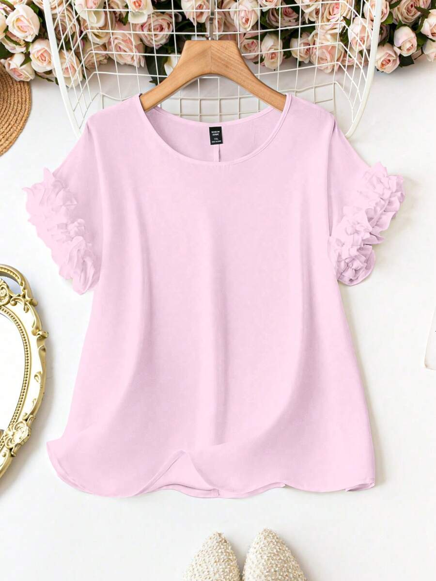 SHEIN LUNE 大尺碼夏季休閒素色荷葉邊上衣 - 淺粉色 - 查看 1