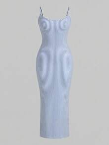 Slaydiva Vintage Colorblock Striped Nautical Print Elegant Cami Midi Dress, Plus Size Women's Casual Knit Textured Fitted Dress, Women's Birthday Outfit - Multicolor - View 1