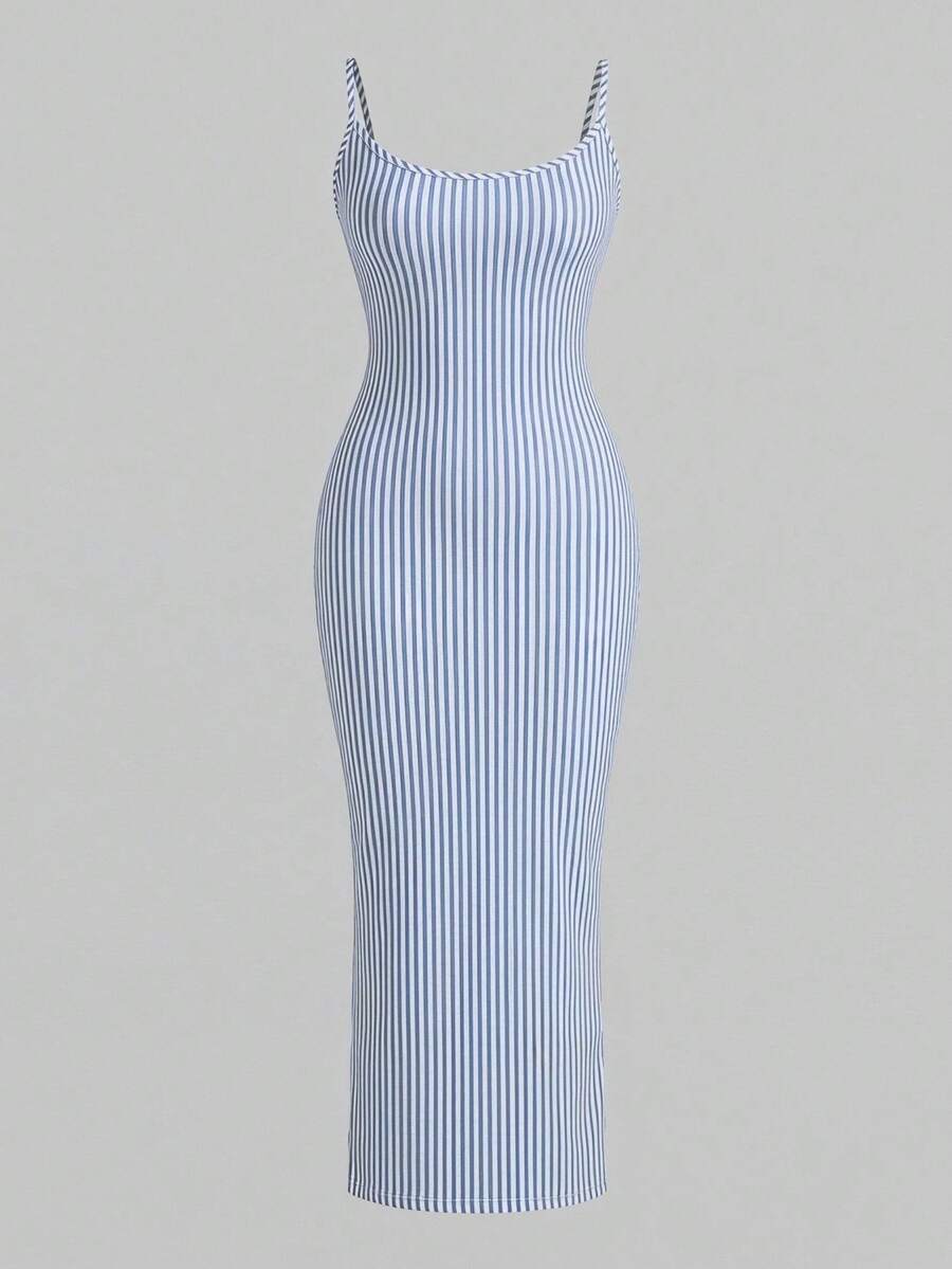 Slaydiva Vintage Colorblock Striped Nautical Print Elegant Cami Midi Dress, Plus Size Women's Casual Knit Textured Fitted Dress, Women's Birthday Outfit - Multicolor - View 1