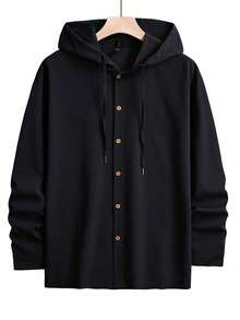 Manfinity Homme Men's Solid Color Hooded Plain Shacket, For Friends, Fall - Black - View 3