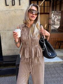 Siren Gaze Linen-Feel White And Brown Polka Dot Two-Piece Set: Sleeveless Ruched Shirt With Collar + High-Waisted Wide-Leg Pants, A Slimming Casual Vacation Set - Brown - View 6