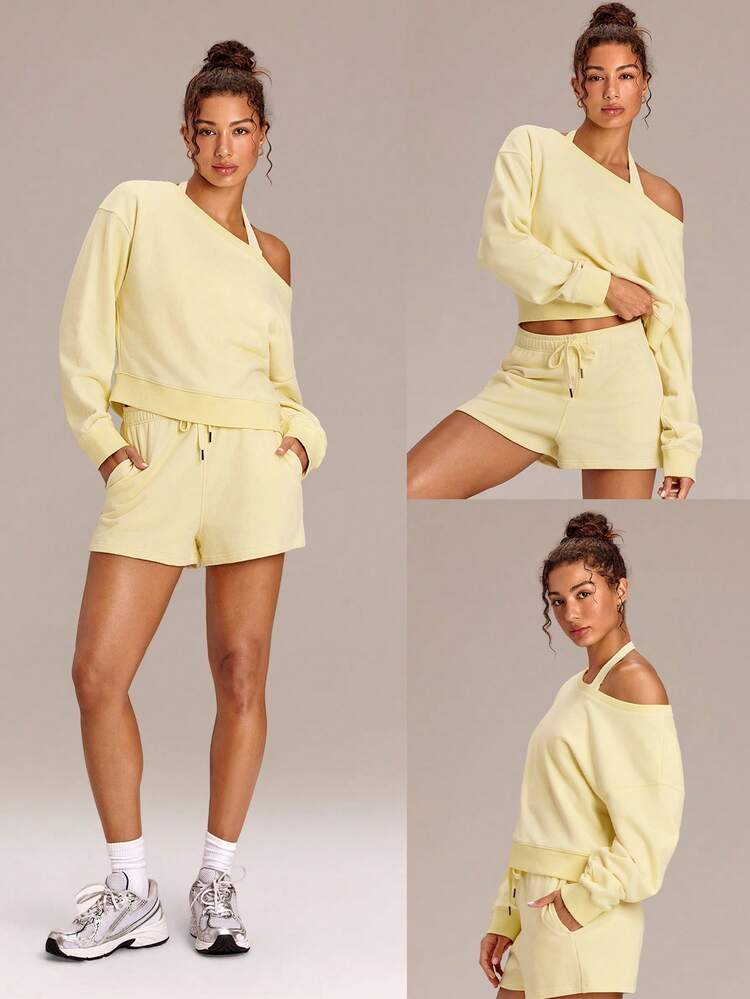 Everyday Terry GlowOff Soft Breathable Sweat-Wicking Oversized Loose Fit Off-Shoulder Pullover Sweatshirt Daily Casual Wear