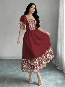 2026 Nuevo casuales para mujer Vestido de manga corta con cuello cuadrado y estampado floral, falda de longitud media con cintura ceñida, vestido rojo vino con estampado floral - Multicolor 2 - Ver 4