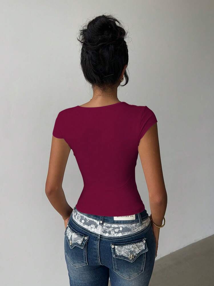 INAWLY Women's Solid Color Contrast Lace Sweetheart Neck Capped Sleeve Cropped Fitted Sexy T-Shirt - Burgundy - View 2