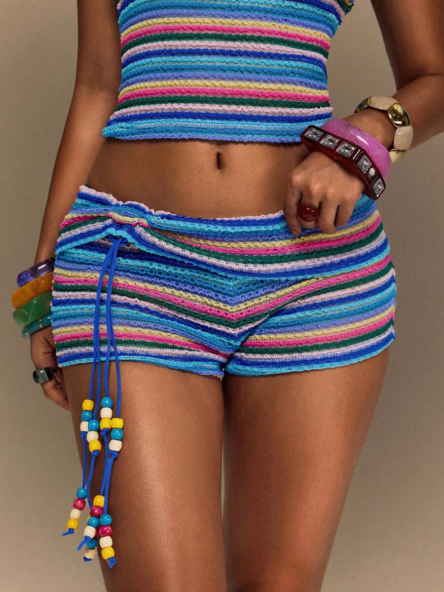 TypaGal Summer Boho Sexy 90s Festival Y2K Holiday Ibiza Pool Party Carnival Beach Vacation Blue Striped Beads Women Shorts - Multicolor - View 1