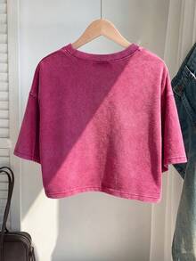 Comfortcana 女款休閒花卉刺繡水洗圓領落肩T恤，夏季上衣，桃紅色 - 玫紅色 - 查看 2