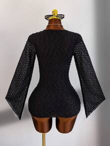Swim Chiccia Summer Beach Cowl Neck Asymmetrical Long Sleeve Women's Cover-Up - Black - View 2