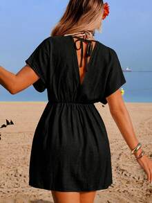 Swim Lushoire Women's Spring/Summer Beach Vacation Dress, Bamboo Fabric Patchwork Lace, V-Neck, Cinched Waist, Backless Tie, Short Sleeve A-Line Cover-Up - Black - View 2