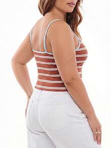 Solavibe Plus Size Summer Casual Tropical Contrast Striped Print Ringer Cami Top , Vacation, Spaghetti Strap Scoop Neck Summer - Brown - View 2