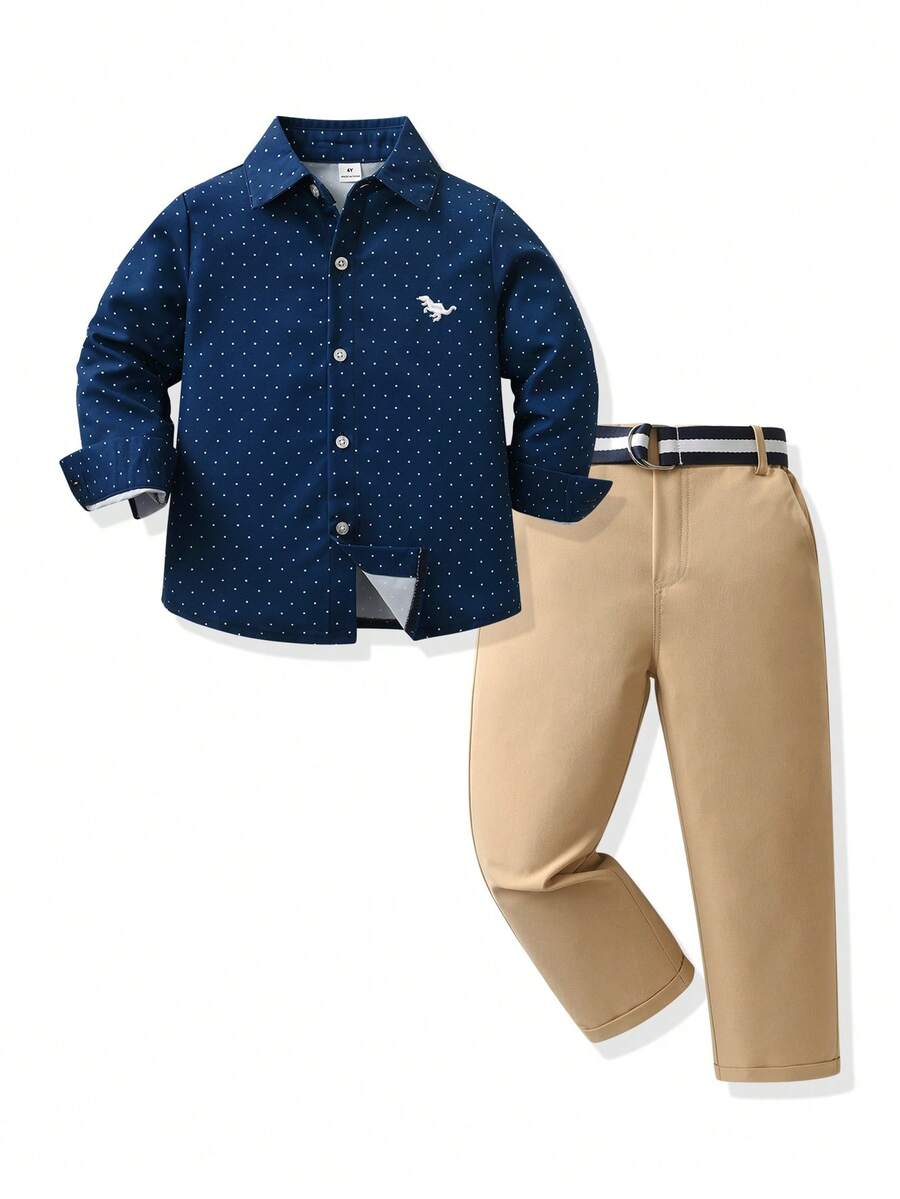 SHEIN Young Boy Gentleman 2-Piece Set Polka Dot Long Sleeve Shirt And Suit Pants, Belt Not Included, Gentleman Fashion, Suitable For Birthday Party, Evening Party, Performance, Wedding, Full Moon, Baptism, Christmas, Halloween - Multicolor - View 1