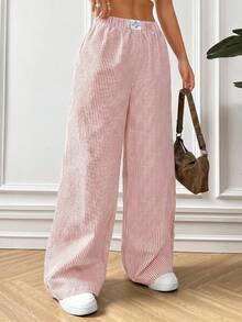 SHEIN PETITE CURVE 大尺碼女款條紋牛仔寬鬆休閒梭織長褲 - 粉色 - 查看 3
