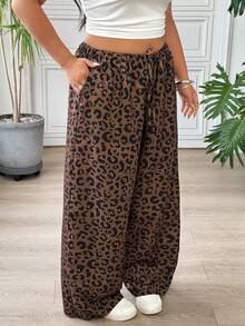 SHEIN EZwear 大码女式休闲豹纹裤 - 棕色 - 查看 6