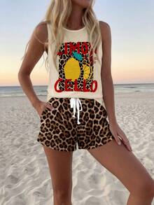 SHEIN LUNE Casual Tropical Women's Round Neck Tank Top And Shorts 2 Pieces Set Suitable For Summer Beach Vacation Beige Brown - Multicolor - View 6