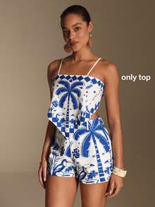 Swim Oasis Women's Elegant Tropical Shell Print Blue And White Boho Cropped Top Shorts Outfit Sets,Summer Casual Tropical Holiday Vacation Beach Resort Wear - Blue - View 3