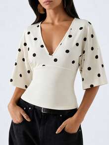 LYSMO Women's Summer Casual Polka Dot Print Patchwork Waist-Defining T-Shirt - Pale Yellow - View 4