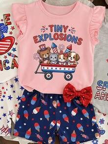 白色 7月4日 復古可愛紅藍字母 Little Miss America 女嬰簡約休閒圓領短袖T恤與單車短褲套裝，適合春夏日常、假日、日，甜美女孩風 - 彩色 - 查看 4
