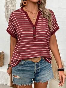 EMERY ROSE CURVE Plus Size Summer Casual Striped Notch Neck T-Shirt - Multicolor - View 5